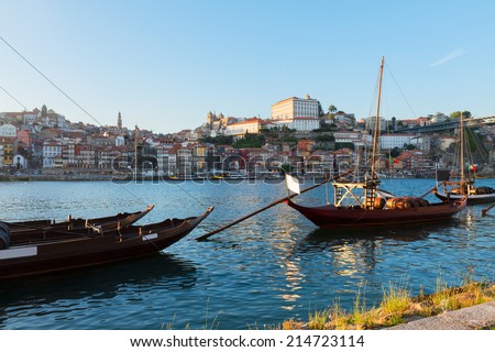 Day scene of Porto with  Douro river and traditional port wine boats, Portugal