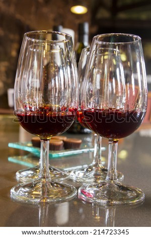 set of glasses of ruby port wine
