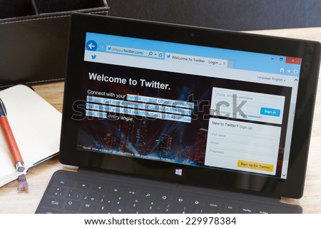 WARSZAWA, POLAND - OCTOBER 10, 2014: Twitter page on screen of Windows tablet Surface. Twitter is the one of the most famouse social network in the world.