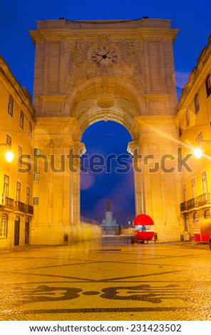 Rua Augusta Arch is a stone, triumphal arch-like, historical building and visitor attraction in Lisbon at night, Portugal