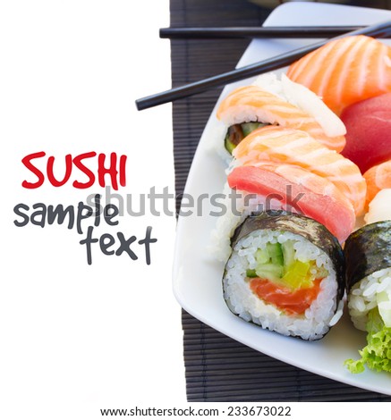 lunch with japaneese  fresh sushi dish close up isolated on white background