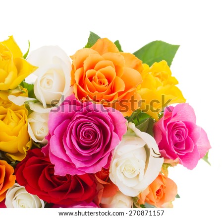 bouquet of orange, yellow, white and pink fresh roses close up isolated on white background