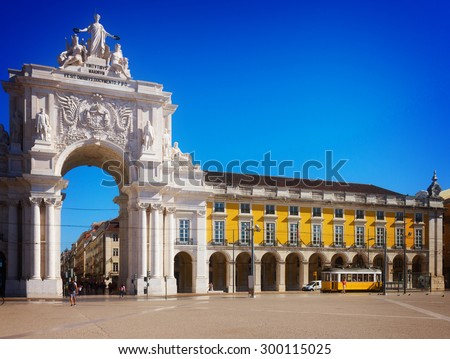 Rua Augusta Arch is a triumphal arch-like, historical building and visitor attraction in Lisbon on Commerce Square at day., Portugal, toned