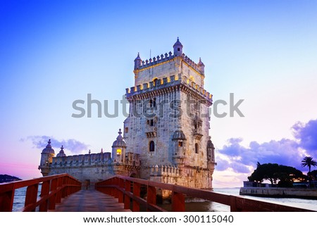 Torre of Belem at  sunset, famouse landmark of Lisbon, Portugal, retro toned