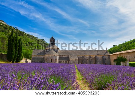 Provence valley with Abbey Senanque and blooming  Lavender field, France