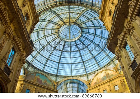 Glass dome of interior of  Galleria Vittorio Emanuele II shoping gallery, Milan (Milano), Italy