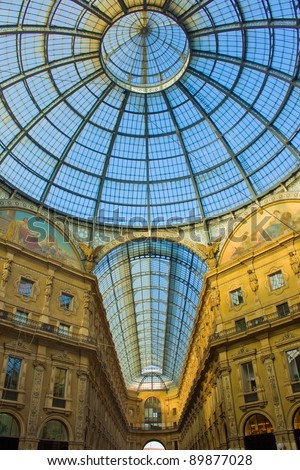 Glass dome of interior of  Galleria Vittorio Emanuele II shoping gallery, Milan (Milano), Italy