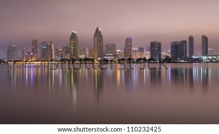 San Diego California City Skyline reflection from Coronado West Coast late night