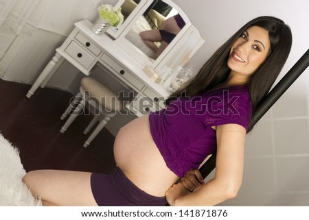 Beautiful Woman Enjoys Pregnancy Smiling Shows Belly Bedroom Vanity Mirror