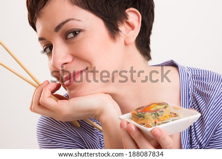 Candid Close Portrait Cute Brunette Woman Raw Food Sushi Lunch