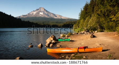 Orange Green Kayaks Shoreline Trillium Lake Mt. Hood Oregon Cascades