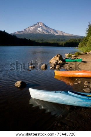 Colorful Kayaks Trillium Lake Vertical Composition Mt Hood Oregon Cascade Mountain Range