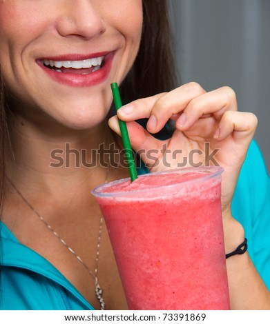 Woman Drinks Peach Food Fruit Smoothie Through Green Straw