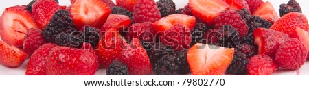 Mixed Berries Banner Panoramic Fresh Raw Fruit Cut Strawberry Sections Blackberries Raspberries
