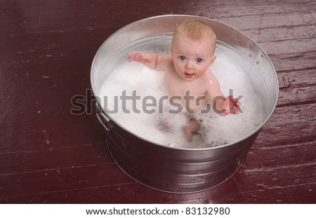 6 Month Old Boy Bathing In A Galvanized Tub Infant Bubble ...