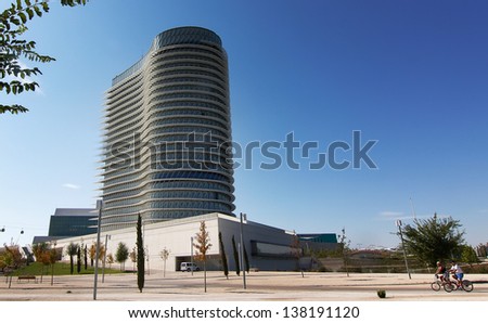 ZARAGOZA, SPAIN OCT 5: Modern building with glass architecture on October 5 2012, Water Tower, symbol of the Universal Exhibition in Zaragoza 2008.