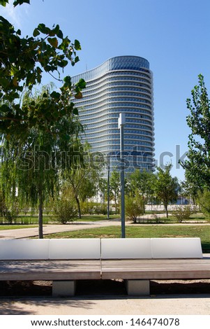 ZARAGOZA, SPAIN OCT 5: Modern building with glass architecture on October 5 2012, Water Tower, symbol of the Universal Exhibition in Zaragoza 2008.
