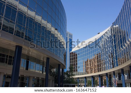 MADRID, SPAIN OCT 15: Modern building with glass architecture on October 15 2012, In one of the most modern financial areas of Madrid, recently premiered this modern complex of offices for rent.