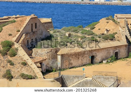 Ruins of an ancient coastal defense headquarters in the city of Cartagena, Spain