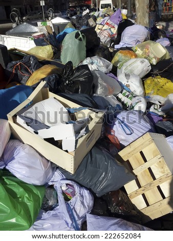 MADRID, SPAIN - may 20: mountains of bags for the collection of waste, May 20 strike, 2014 in Madrid Spain