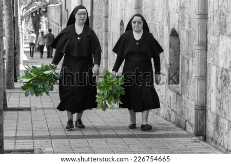 MADRID,SPAIN - APRIL 4:Nuns walking down the street prepared the Feast of Palm Sunday April 4, 2014 in Madrid Spain
