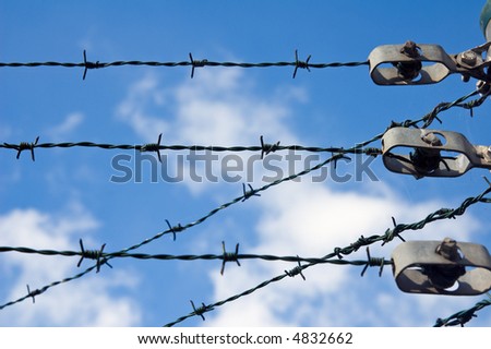 barbed wire against a bright blue sky with some white clouds