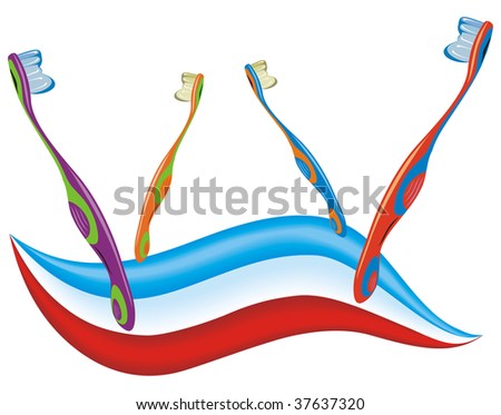 toothbrush and toothpaste. four colored toothbrushes
