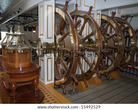 Ship\'s wheels on historic battle ship warrior