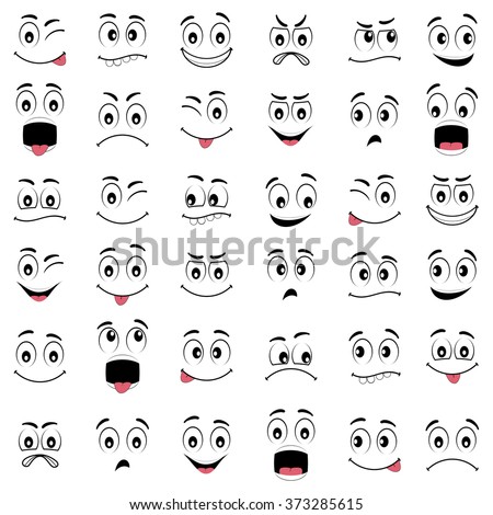 Cartoon faces with different expressions, featuring the eyes and mouth, design elements on white background