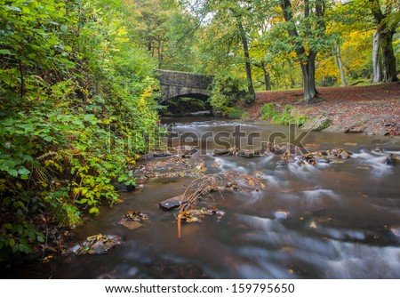 old stone packhorse bridge crossing  a stream in a yorkshire dales woodland beauty spot in autumn