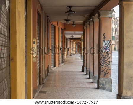 Architecture on the streets of the Italian city of Bologna situated in the region of Emilia Romangna
