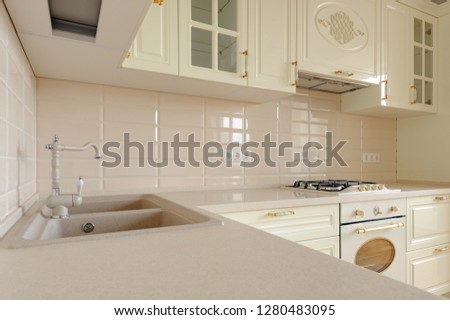 Modern spacioius cream colored kitchen made in classic style