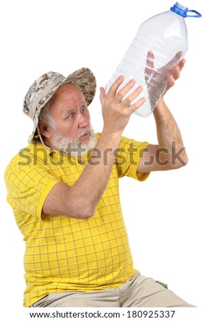 senior balding bearded man holding empty plastic bottle