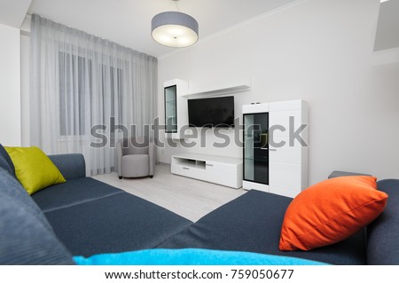 White living room with TV set, chair and grey sofa with colored pillows