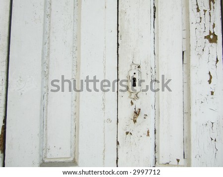 Old white ruined wooden street door part