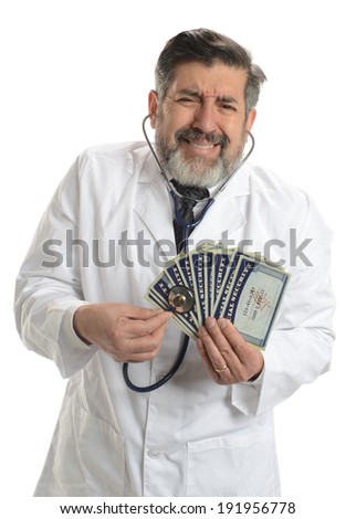 Worried Doctor with social security cards and stethoscope isolated on a white background