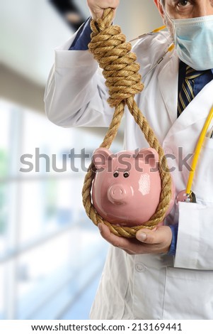 Mature Doctor with noose around a piggy bank inside a hospital