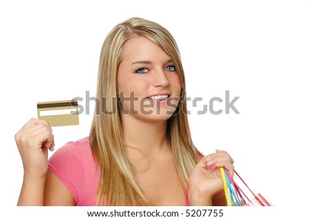 stock photo : Beautiful teen girl with blank credit card and shopping bags stock photo : Beautiful teen girl with blank credit card and shopping bags