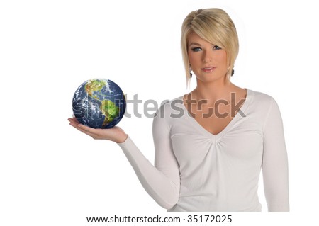 Young woman holding the earth in her hand isolated on a white background