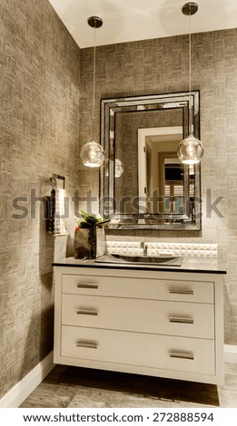 Bathroom in New House: Vanity with Mirror in Luxury Home