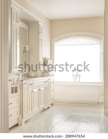 Large furnished bathroom in luxury home with tile floor, fancy cabinets, large mirror, and bathtub