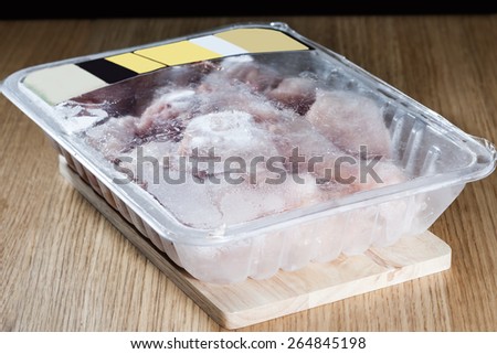 A package of chicken parts after it\'s been frozen.