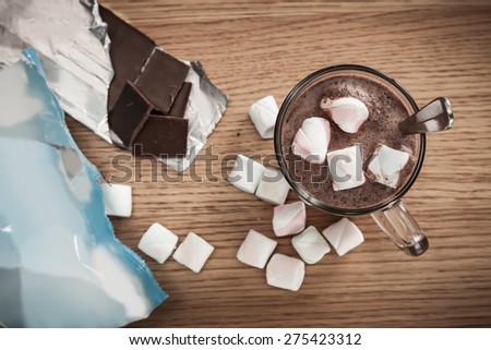 Hot chocolate drink topped with marshmallows.