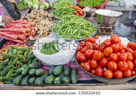 various fresh vegetables in Delhi street market, India