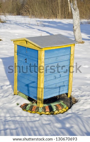 colorful wooden beehive in winter garden on snow