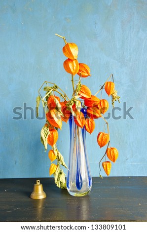 glass vase with dry husk tomato flowers and vintage brass bell