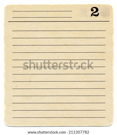 isolated ancient  used index card paper  with lines background  number two