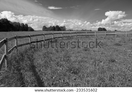 rural summer landscape farmland field with wooden fence, B&W picture