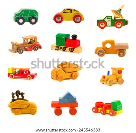 collection old wooden colorful various car truck toys model isolated on white. Twelve objects