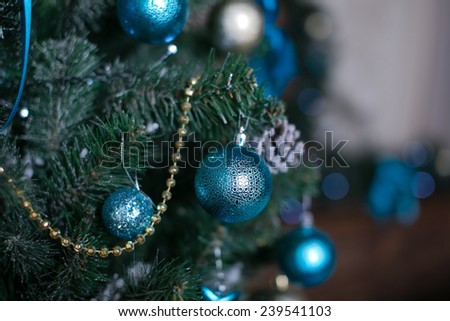 Beautiful blue glass bowl on New Year tree, holiday, new year